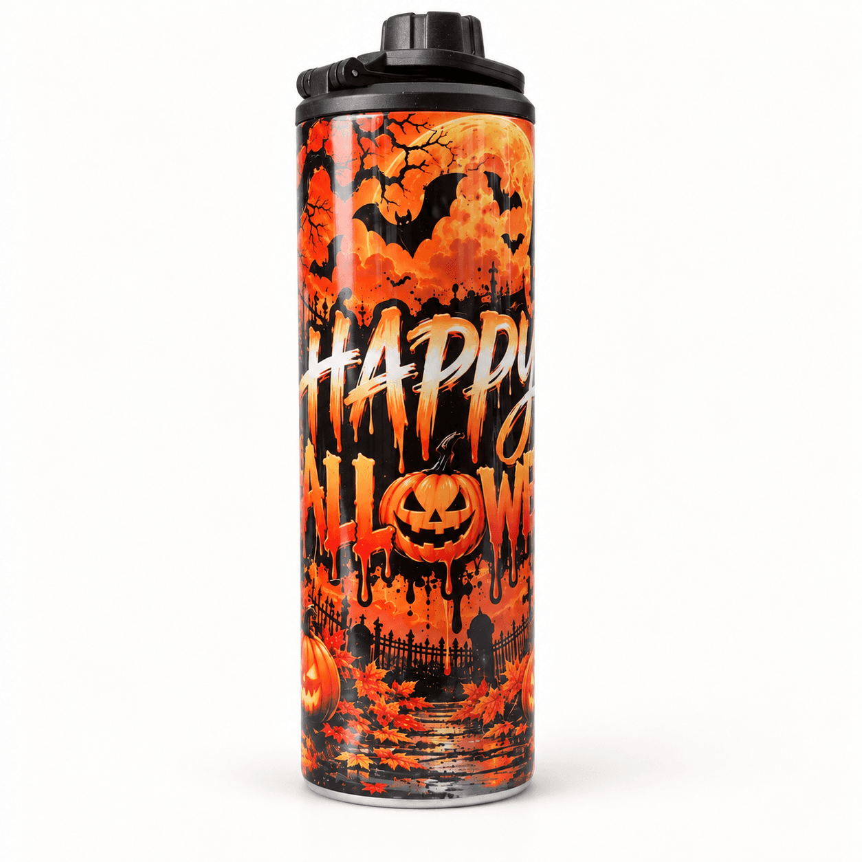 Orange Happy Halloween tumbler with bats, pumpkins and a black handle lid