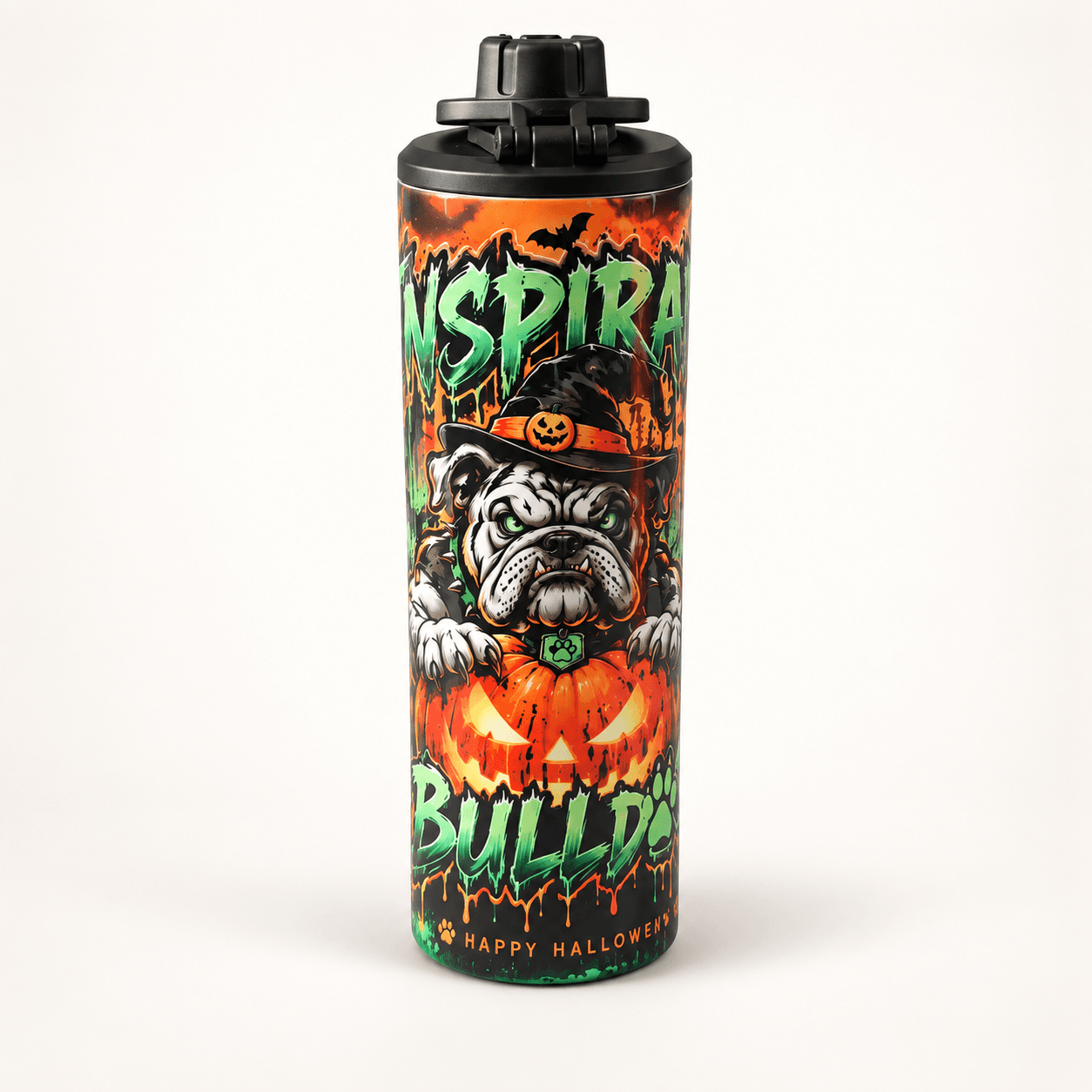 Orange and green Inspirada Bulldogs Halloween tumbler with a bulldog and pumpkin